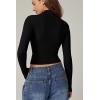 QINSEN Womens Mock Neck Long Sleeve Shirt Double Lined Basic Tees Side Ruched Going Out Crop Tops(Black)