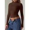 QINSEN Womens Mock Neck Long Sleeve Shirt Double Lined Basic Tees Side Ruched Going Out Crop Tops(Brown(chestnut))