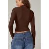 QINSEN Womens Mock Neck Long Sleeve Shirt Double Lined Basic Tees Side Ruched Going Out Crop Tops(Brown(chestnut))