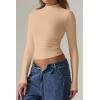 QINSEN Womens Mock Neck Long Sleeve Shirt Double Lined Basic Tees Side Ruched Going Out Crop Tops(Khaki)