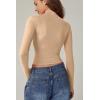 QINSEN Womens Mock Neck Long Sleeve Shirt Double Lined Basic Tees Side Ruched Going Out Crop Tops(Khaki)