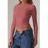 QINSEN Womens Mock Neck Long Sleeve Shirt Double Lined Basic Tees Side Ruched Going Out Crop Tops(Merlot)