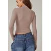 QINSEN Womens Mock Neck Long Sleeve Shirt Double Lined Basic Tees Side Ruched Going Out Crop Tops(Mushroom)