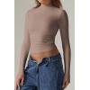 QINSEN Womens Mock Neck Long Sleeve Shirt Double Lined Basic Tees Side Ruched Going Out Crop Tops(Mushroom)