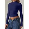 QINSEN Womens Mock Neck Long Sleeve Shirt Double Lined Basic Tees Side Ruched Going Out Crop Tops(Navy)