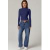 QINSEN Womens Mock Neck Long Sleeve Shirt Double Lined Basic Tees Side Ruched Going Out Crop Tops(Navy)