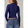 QINSEN Womens Mock Neck Long Sleeve Shirt Double Lined Basic Tees Side Ruched Going Out Crop Tops(Navy)