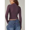 QINSEN Womens Mock Neck Long Sleeve Shirt Double Lined Basic Tees Side Ruched Going Out Crop Tops(Purple(plum Wine))