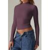 QINSEN Womens Mock Neck Long Sleeve Shirt Double Lined Basic Tees Side Ruched Going Out Crop Tops(Purple(plum Wine))