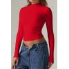 QINSEN Womens Mock Neck Long Sleeve Shirt Double Lined Basic Tees Side Ruched Going Out Crop Tops(Red)
