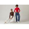 QINSEN Womens Mock Neck Long Sleeve Shirt Double Lined Basic Tees Side Ruched Going Out Crop Tops(Red)