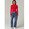 QINSEN Womens Mock Neck Long Sleeve Shirt Double Lined Basic Tees Side Ruched Going Out Crop Tops(Red)