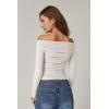QINSEN Womens Off Shoulder Long Sleeve Tops Ruched Going Out Crop Slim Fitted Double Lined Shirts(Beige White)