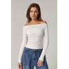 QINSEN Womens Off Shoulder Long Sleeve Tops Ruched Going Out Crop Slim Fitted Double Lined Shirts(Beige White)