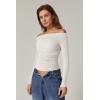QINSEN Womens Off Shoulder Long Sleeve Tops Ruched Going Out Crop Slim Fitted Double Lined Shirts(Beige White)