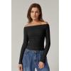 QINSEN Womens Off Shoulder Long Sleeve Tops Ruched Going Out Crop Slim Fitted Double Lined Shirts(Black)