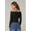 QINSEN Womens Off Shoulder Long Sleeve Tops Ruched Going Out Crop Slim Fitted Double Lined Shirts(Black)