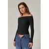QINSEN Womens Off Shoulder Long Sleeve Tops Ruched Going Out Crop Slim Fitted Double Lined Shirts(Black)