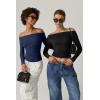 QINSEN Womens Off Shoulder Long Sleeve Tops Ruched Going Out Crop Slim Fitted Double Lined Shirts(Black)