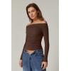 QINSEN Womens Off Shoulder Long Sleeve Tops Ruched Going Out Crop Slim Fitted Double Lined Shirts(Mocha Brown)