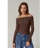 QINSEN Womens Off Shoulder Long Sleeve Tops Ruched Going Out Crop Slim Fitted Double Lined Shirts(Mocha Brown)