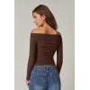 QINSEN Womens Off Shoulder Long Sleeve Tops Ruched Going Out Crop Slim Fitted Double Lined Shirts(Mocha Brown)