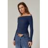 QINSEN Womens Off Shoulder Long Sleeve Tops Ruched Going Out Crop Slim Fitted Double Lined Shirts(Navy Blue)