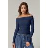 QINSEN Womens Off Shoulder Long Sleeve Tops Ruched Going Out Crop Slim Fitted Double Lined Shirts(Navy Blue)
