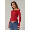 QINSEN Womens Off Shoulder Long Sleeve Tops Ruched Going Out Crop Slim Fitted Double Lined Shirts(Red)