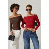 QINSEN Womens Off Shoulder Long Sleeve Tops Ruched Going Out Crop Slim Fitted Double Lined Shirts(Red)