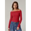 QINSEN Womens Off Shoulder Long Sleeve Tops Ruched Going Out Crop Slim Fitted Double Lined Shirts(Red)