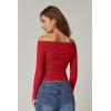 QINSEN Womens Off Shoulder Long Sleeve Tops Ruched Going Out Crop Slim Fitted Double Lined Shirts(Red)