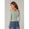 QINSEN Womens Off Shoulder Long Sleeve Tops Ruched Going Out Crop Slim Fitted Double Lined Shirts(Smoke Green)