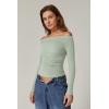 QINSEN Womens Off Shoulder Long Sleeve Tops Ruched Going Out Crop Slim Fitted Double Lined Shirts(Smoke Green)