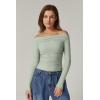 QINSEN Womens Off Shoulder Long Sleeve Tops Ruched Going Out Crop Slim Fitted Double Lined Shirts(Smoke Green)