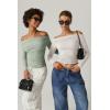 QINSEN Womens Off Shoulder Long Sleeve Tops Ruched Going Out Crop Slim Fitted Double Lined Shirts(Smoke Green)