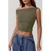 QINSEN Women’s One Shoulder Sleeveless Slim Fit T-Shirt(Army Gree)