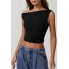 QINSEN Women’s One Shoulder Sleeveless Slim Fit T-Shirt(Black)