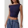 QINSEN Women’s One Shoulder Sleeveless Slim Fit T-Shirt(Navy)