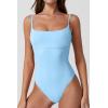 QINSEN Womens Seamed Cup Spaghetti Straps One Piece Bathing Suits Tummy Control Cheeky Swimsuit(Airy Blue)