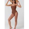 QINSEN Womens Seamed Cup Spaghetti Straps One Piece Bathing Suits Tummy Control Cheeky Swimsuit(Chestnut)