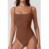 QINSEN Womens Seamed Cup Spaghetti Straps One Piece Bathing Suits Tummy Control Cheeky Swimsuit(Chestnut)
