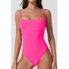 QINSEN Womens Seamed Cup Spaghetti Straps One Piece Bathing Suits Tummy Control Cheeky Swimsuit(Hot Pink)