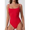 QINSEN Womens Seamed Cup Spaghetti Straps One Piece Bathing Suits Tummy Control Cheeky Swimsuit(Red)