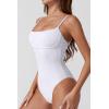 QINSEN Womens Seamed Cup Spaghetti Straps One Piece Bathing Suits Tummy Control Cheeky Swimsuit(White)