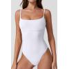 QINSEN Womens Seamed Cup Spaghetti Straps One Piece Bathing Suits Tummy Control Cheeky Swimsuit(White)