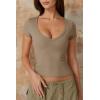 QINSEN Women’s Sexy Deep V Neck T Shirts Double Lined Short Sleeve Crop Tops Casual Basic Going Out Top(Coffee)