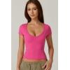 QINSEN Women’s Sexy Deep V Neck T Shirts Double Lined Short Sleeve Crop Tops Casual Basic Going Out Top(Magenta)