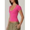 QINSEN Women’s Sexy Deep V Neck T Shirts Double Lined Short Sleeve Crop Tops Casual Basic Going Out Top(Magenta)