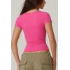 QINSEN Women’s Sexy Deep V Neck T Shirts Double Lined Short Sleeve Crop Tops Casual Basic Going Out Top(Magenta)
